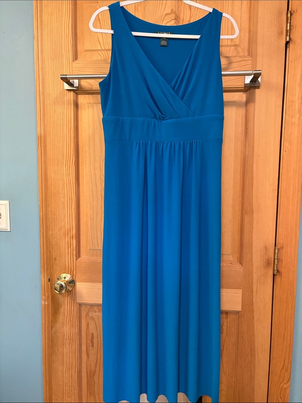 A-Line Pleated Vibrant Blue V Neck Sleeveless Maxi Dress Sz 10